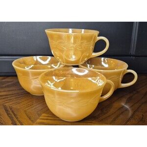 Set of 4 - Anchor Hocking FIRE KING Coffee Cup Peach Lustre Laurel Leaves